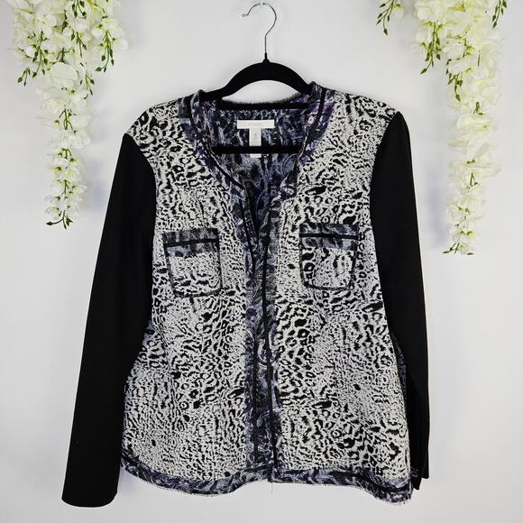 Chico’s Size 3 XL 16 Animal Print Open Front Blazer Jacket Black Purple Career - Picture 1 of 13
